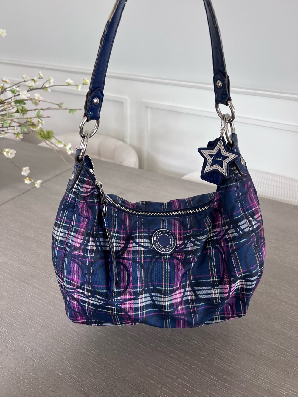 Coach Navy and Pink Plaid Shoulder Hobo with Star Charm